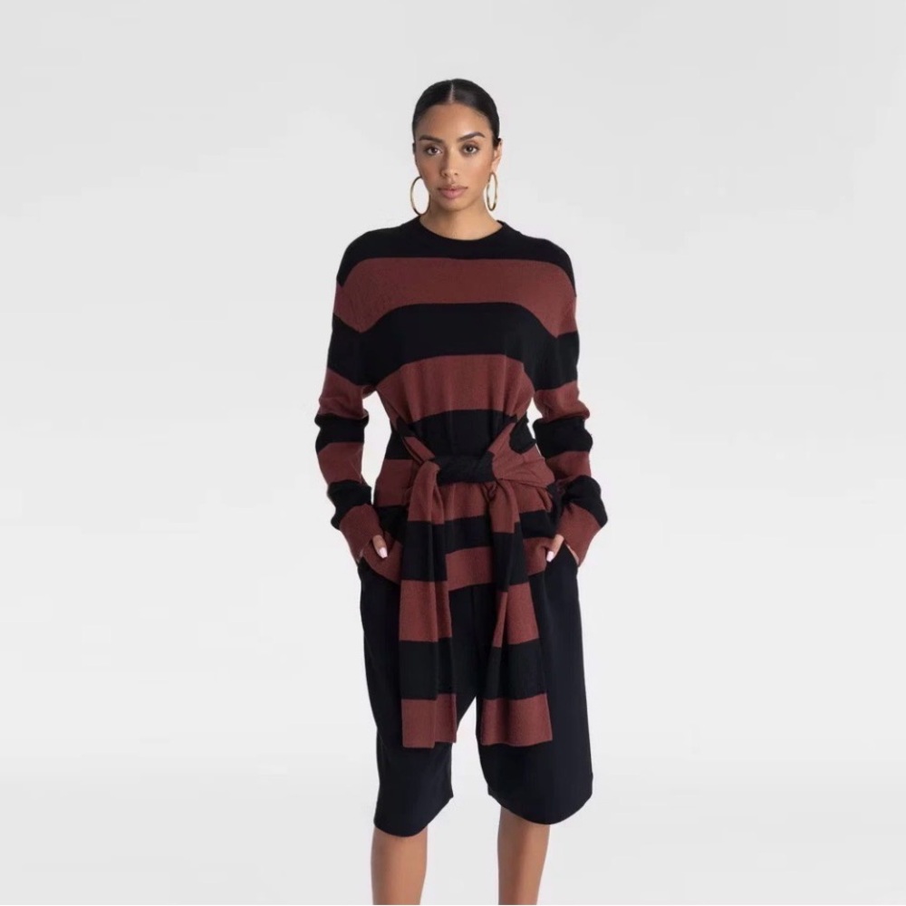 KBB by Kahlana Striped Black and Brown Sweater Wrap Top Size Small